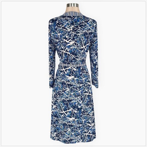BCBGMaxAzria Adele Blue Abstract and Stripe Print Stretch Jersey Wrap Dress L - Picture 4 of 5